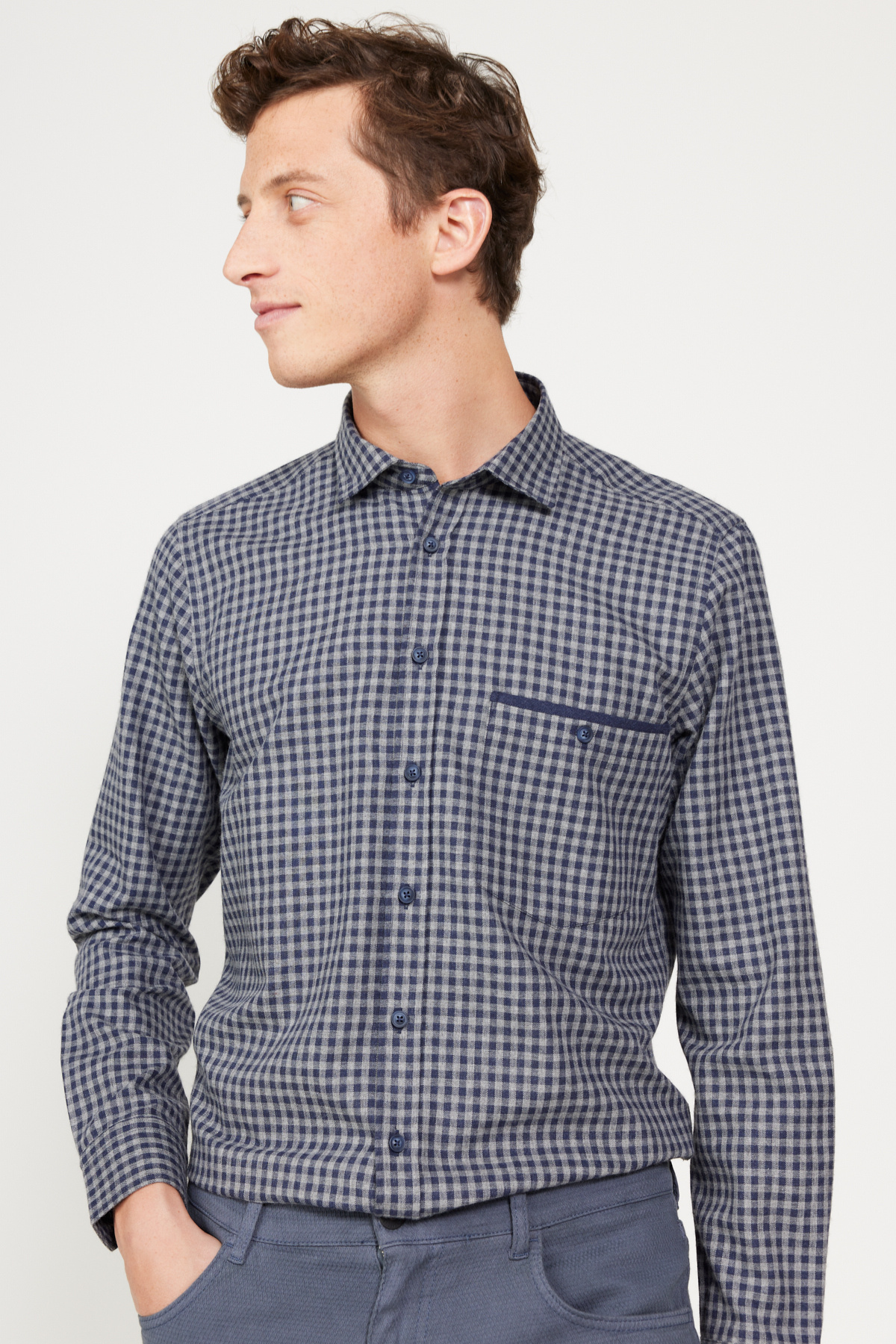 ALTINYILDIZ CLASSICS Lacivert-Gri Slim Fit Dar Kesim Klasik Yaka Kareli Gömlek görsel 4