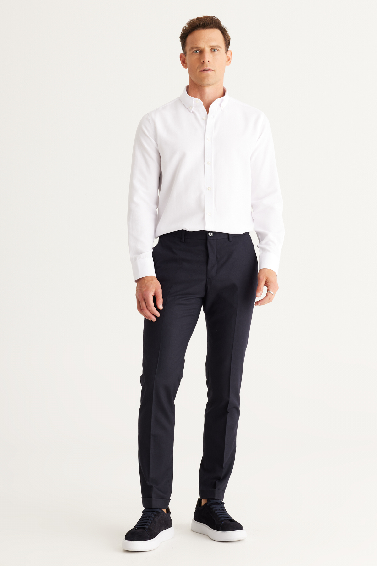 Navy Blue Slim Fit Slim Fit Elastic Waist Fabric Pants with Side Pockets