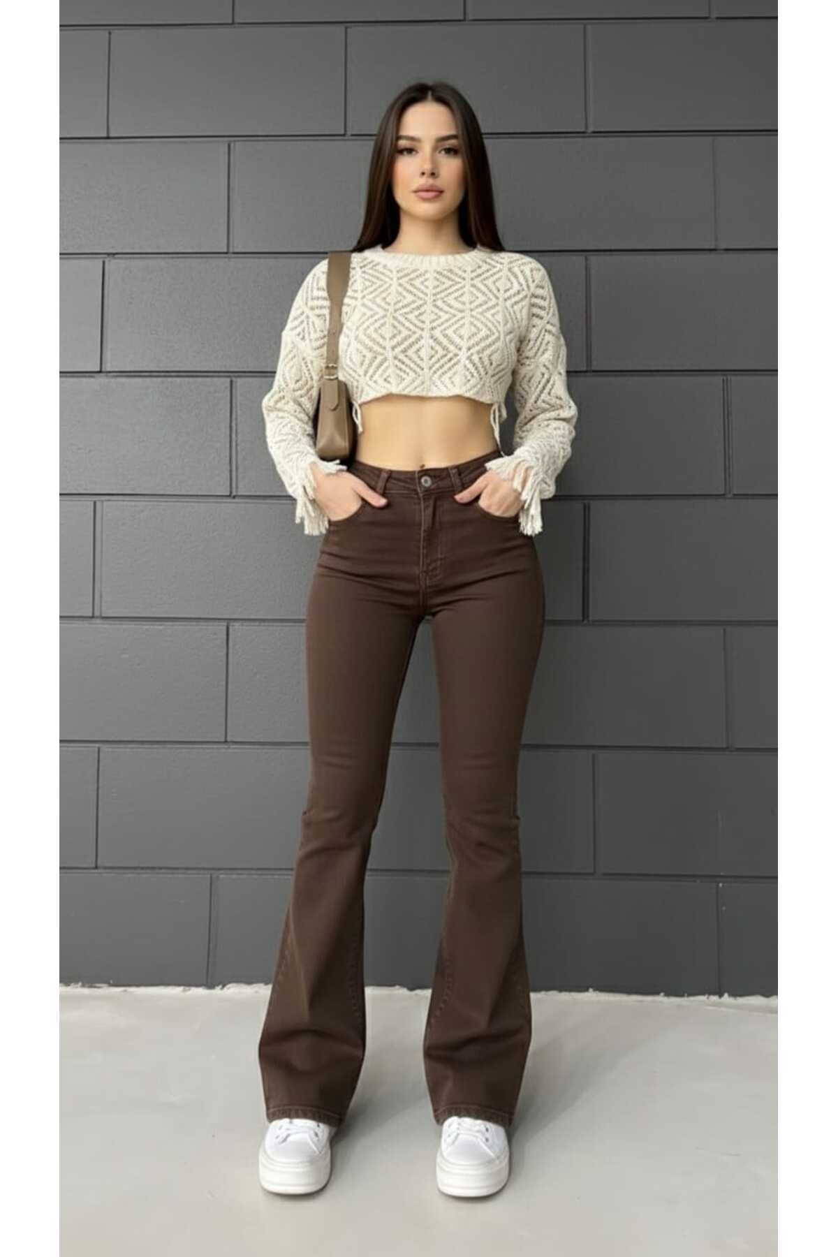 NWC  İspanyol Paça Flare Jeans Kot Pantolon Yüksek Bel Kahverengi Likralı - Görsel 7