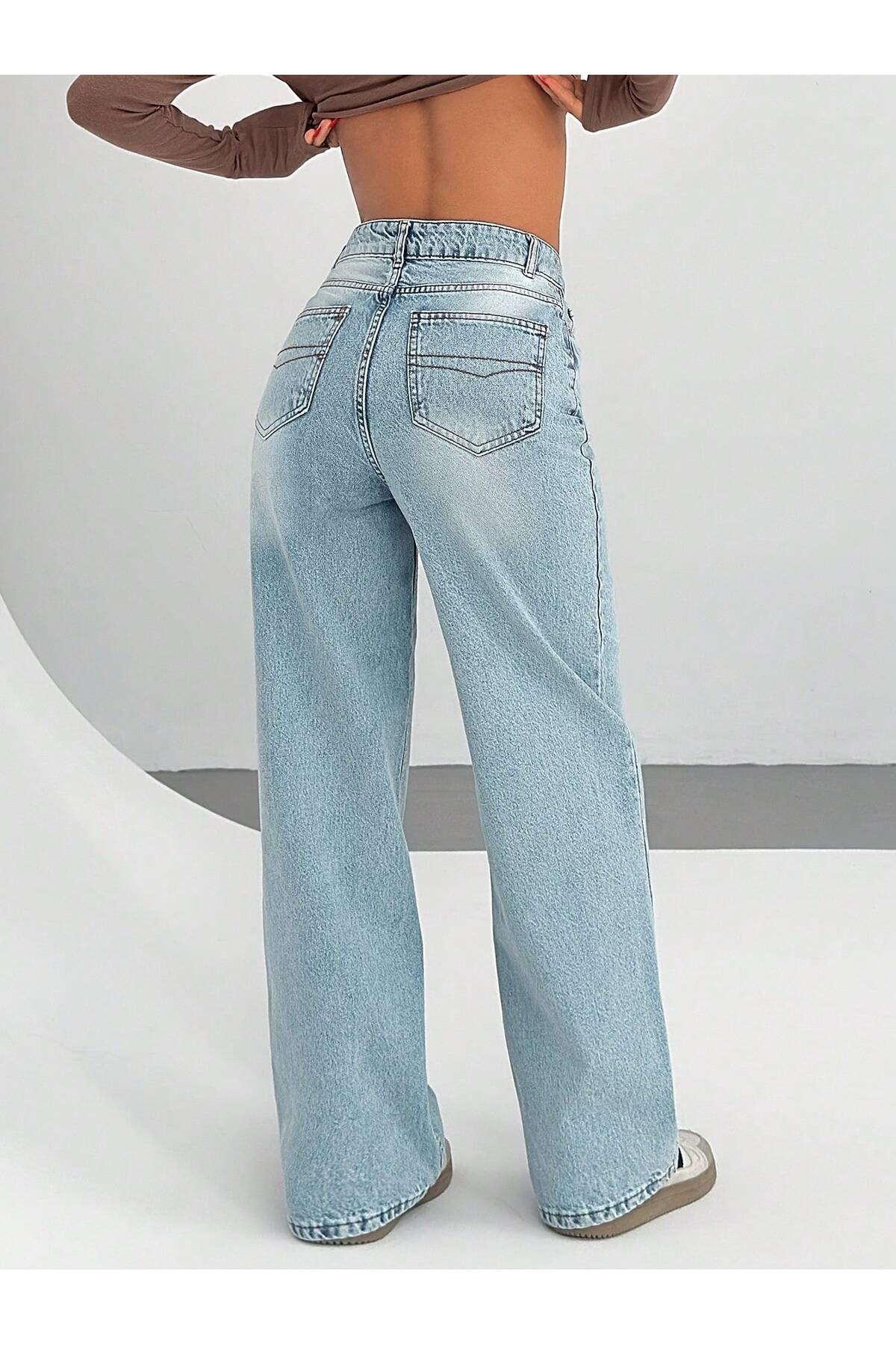 circle  Yüksek Bel Geniş Paça Açık Mavi Kadın Pantolon - Görsel 2