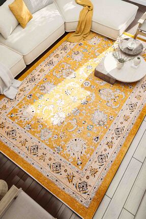 Serente Home Retro Desenli Makine Halısı Yıkanabilir Kaymaz Taban Sarı Şönil ...