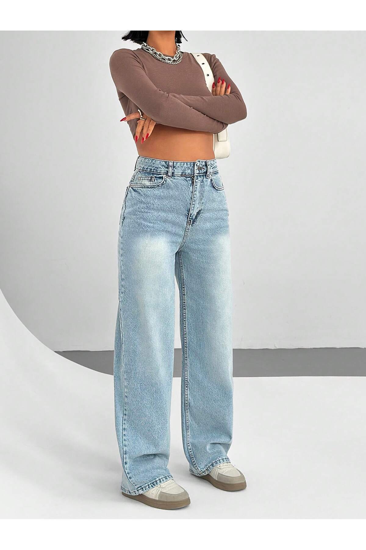 circle  Yüksek Bel Geniş Paça Açık Mavi Kadın Pantolon - Görsel 5