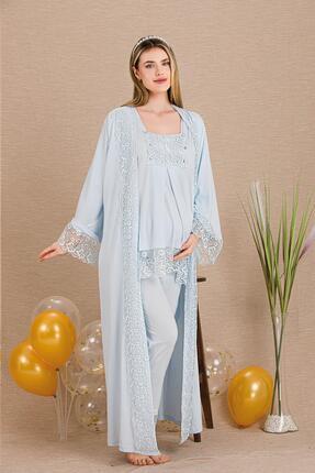 REN Kadın Dantel Detaylı 3'lü Hamile Lohusa Pijama Takım, Hamile Lohusa Uzun ...
