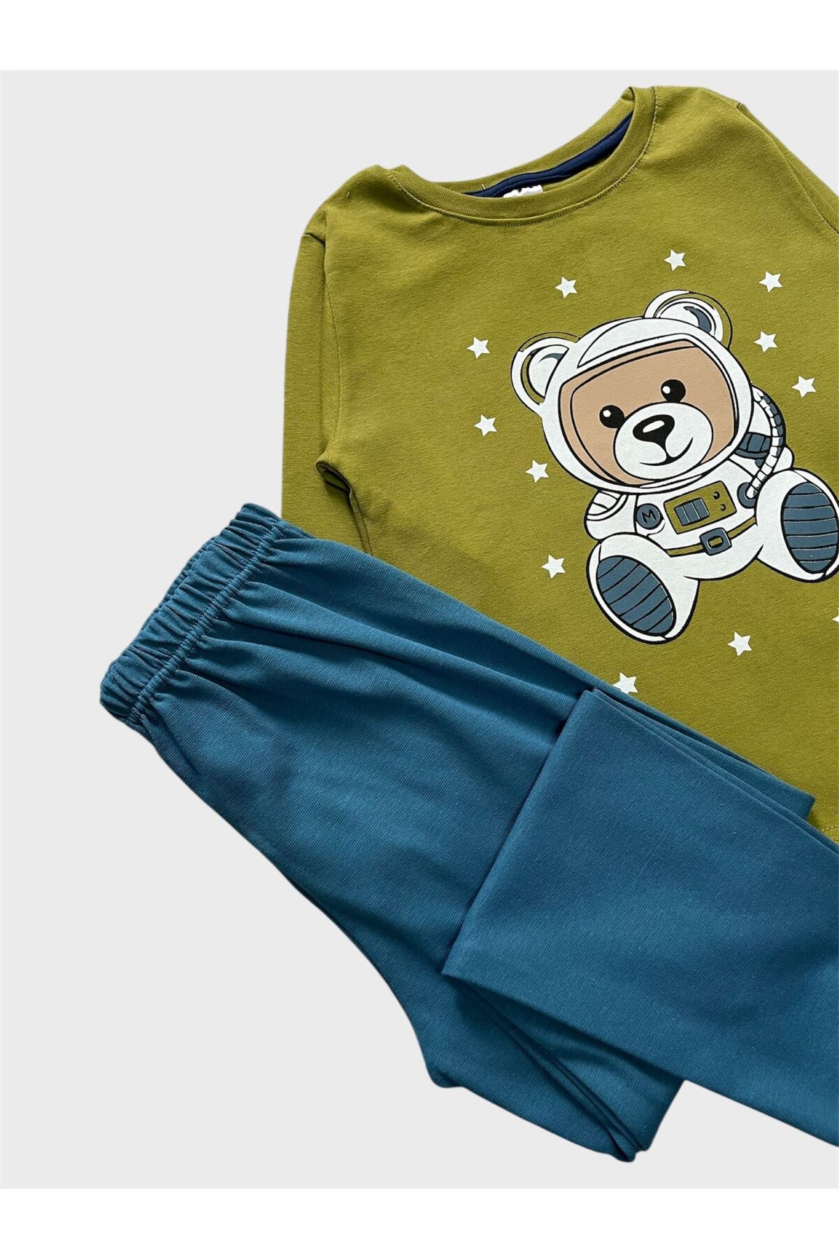 elmas kids Erkek Çocuk Pamuklu Haki Lacivert Astronot Desenli Uzun Kollu Ribana Likralı Kalın Pijama Takımı fotoğrafı 3 (önizleme)