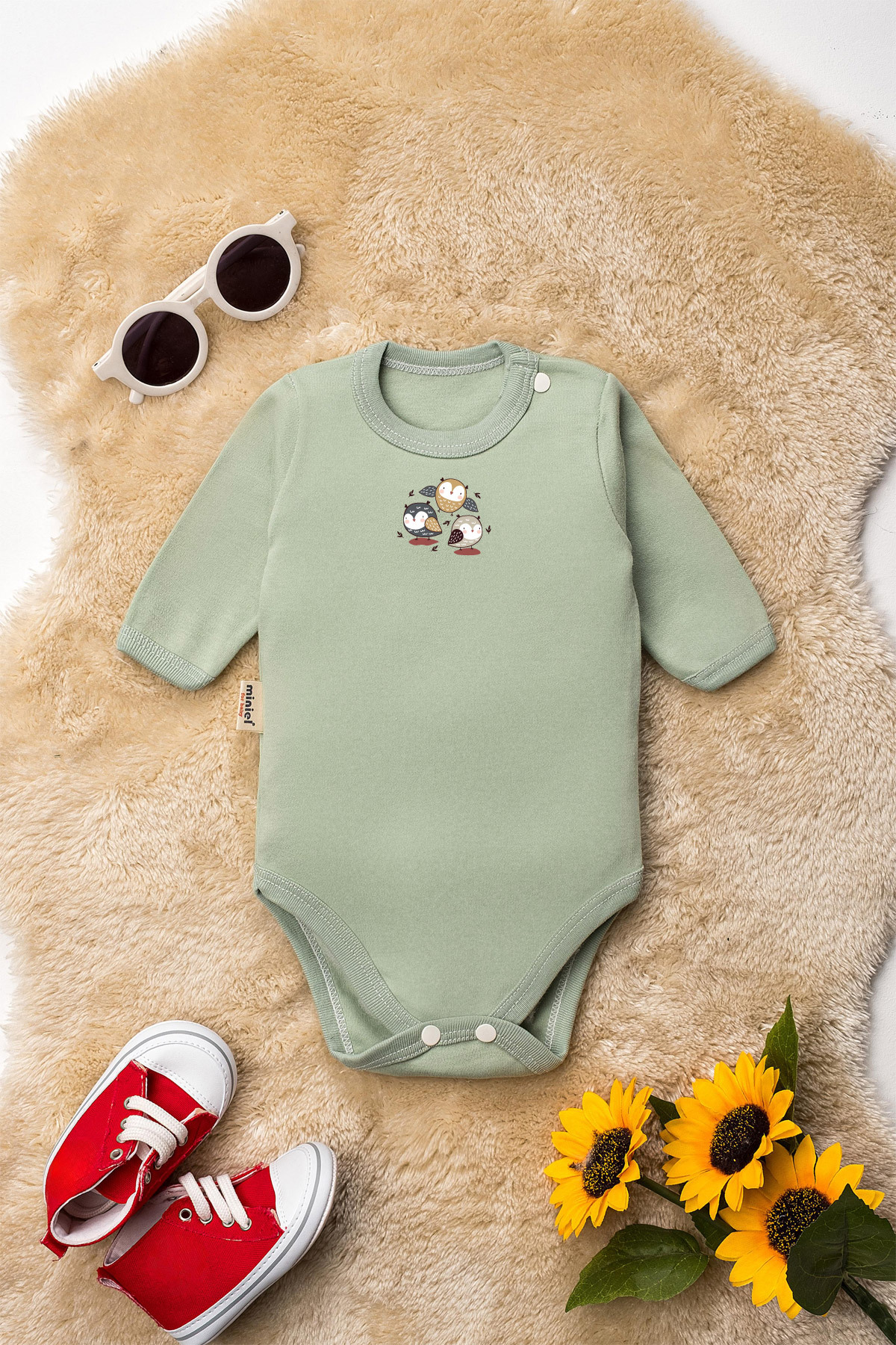 Miniel Unisex %100 Organik Pamuklu Random Baskılı 3-6-9-12 Ay 6Lı Uzun Kollu Bebek Body Zıbın fotoğrafı 6 (önizleme)