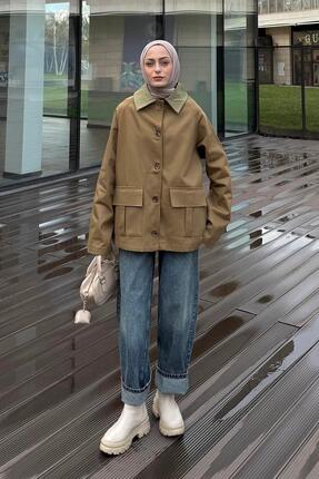 Lamelif Yaka Detaylı Düğmeli Gabardin Ceket Haki