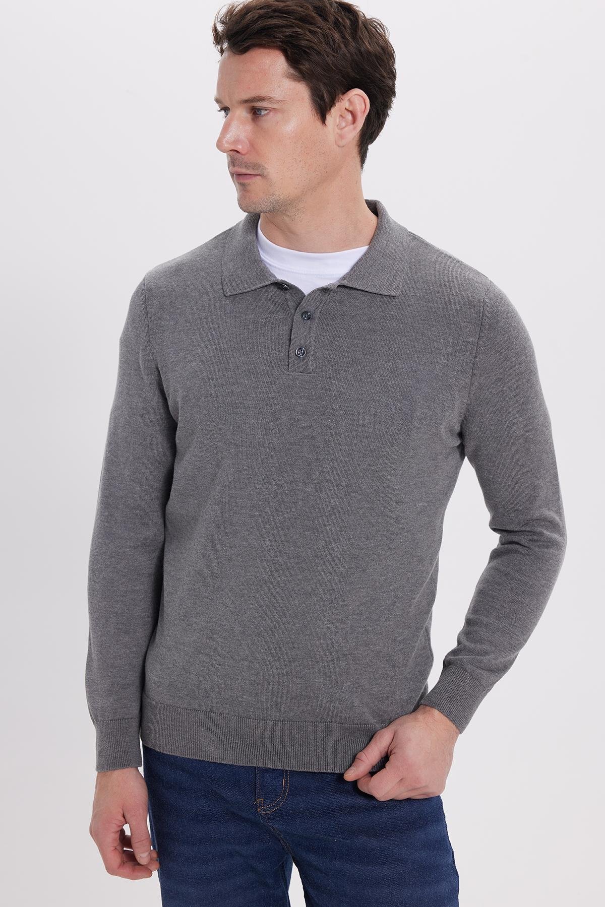 Tudors  Erkek Standart Fit Normal Kesim Pamuklu Polo Yaka Gri Kazak - Görsel 6