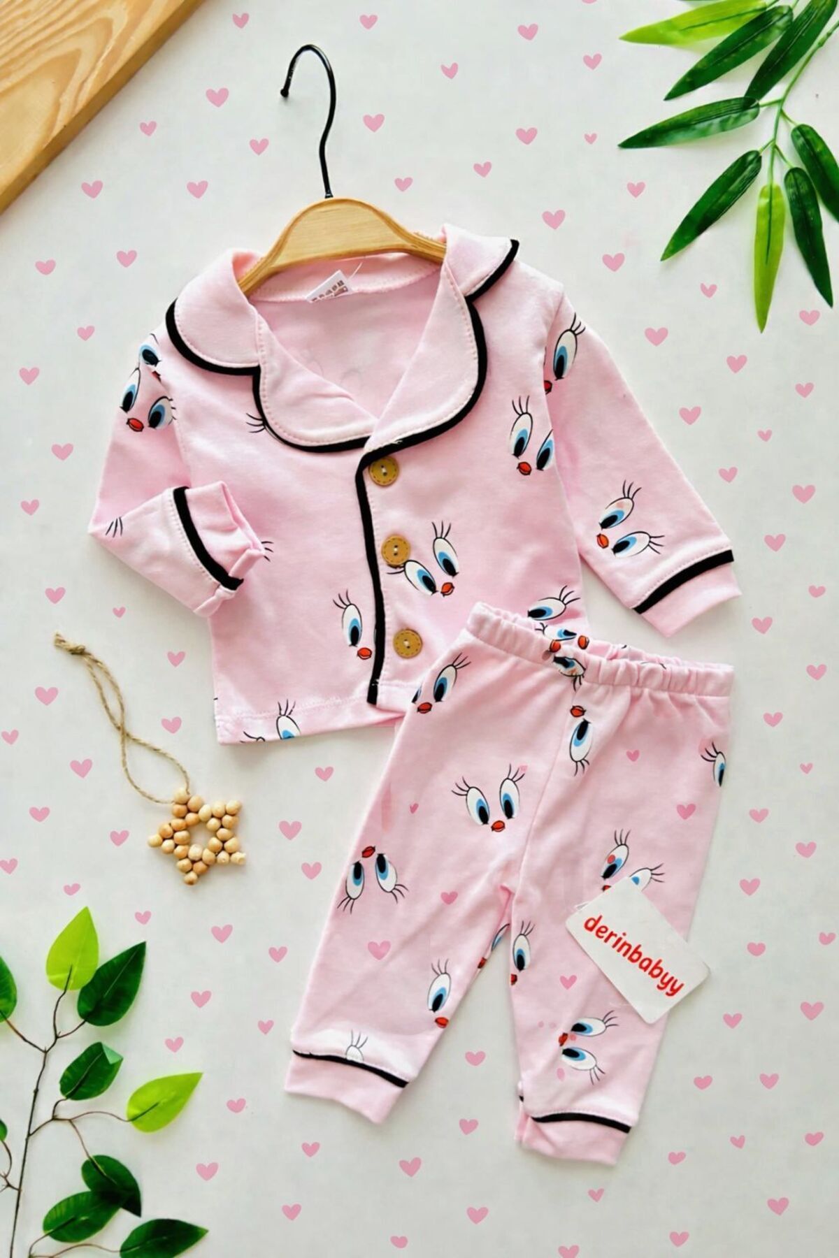 derin baby %100 Pamuk Uzun Kollu Düğmeli Mevsimlik Pembe Kız Tweety Bebek Pijama Takımı fotoğrafı 2 (önizleme)