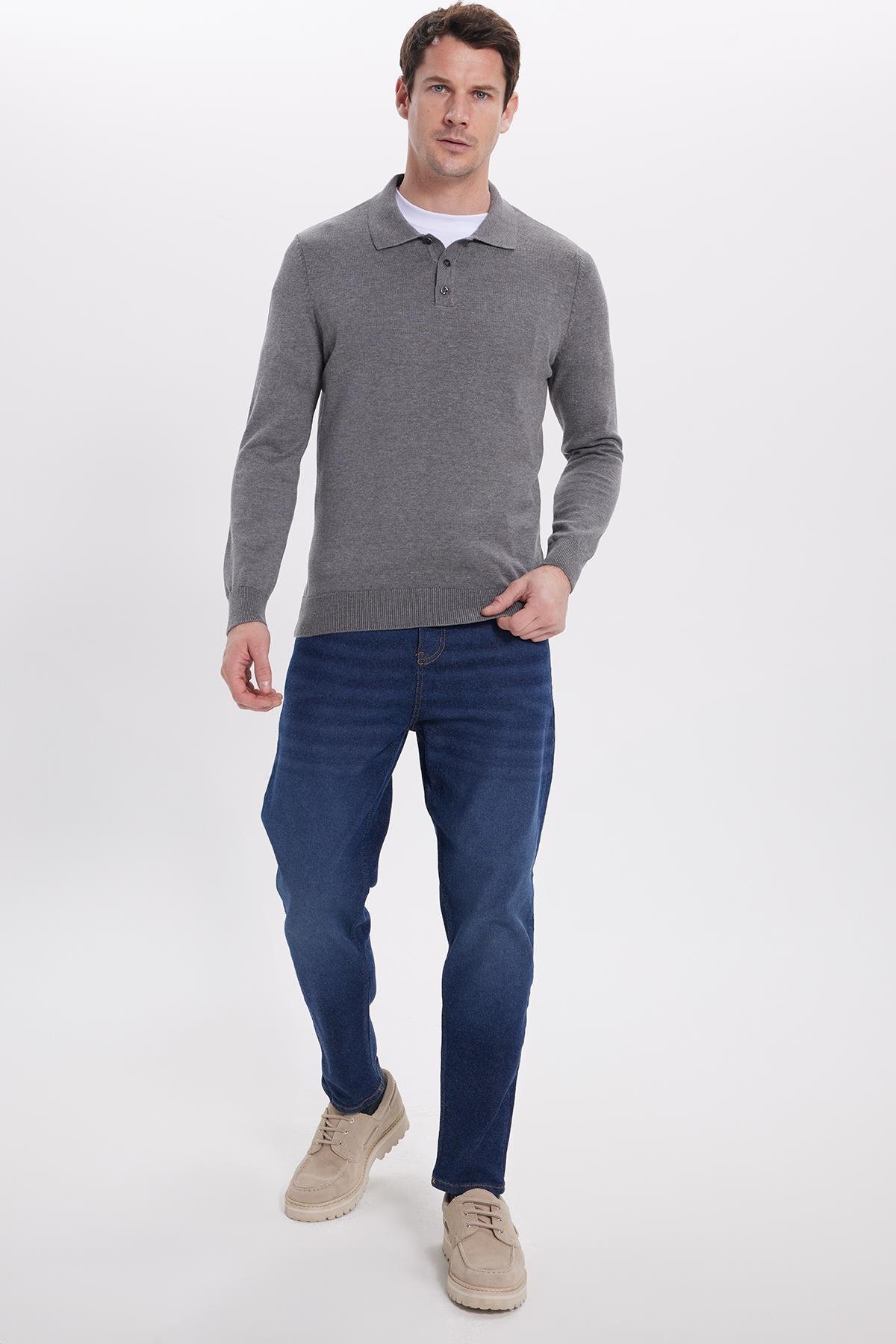 Tudors  Erkek Standart Fit Normal Kesim Pamuklu Polo Yaka Gri Kazak - Görsel 4