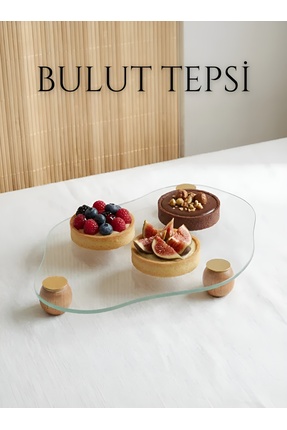 EVİMDM Ahşap Ayaklı Cam Sunum Tepsisi – Bulut Form