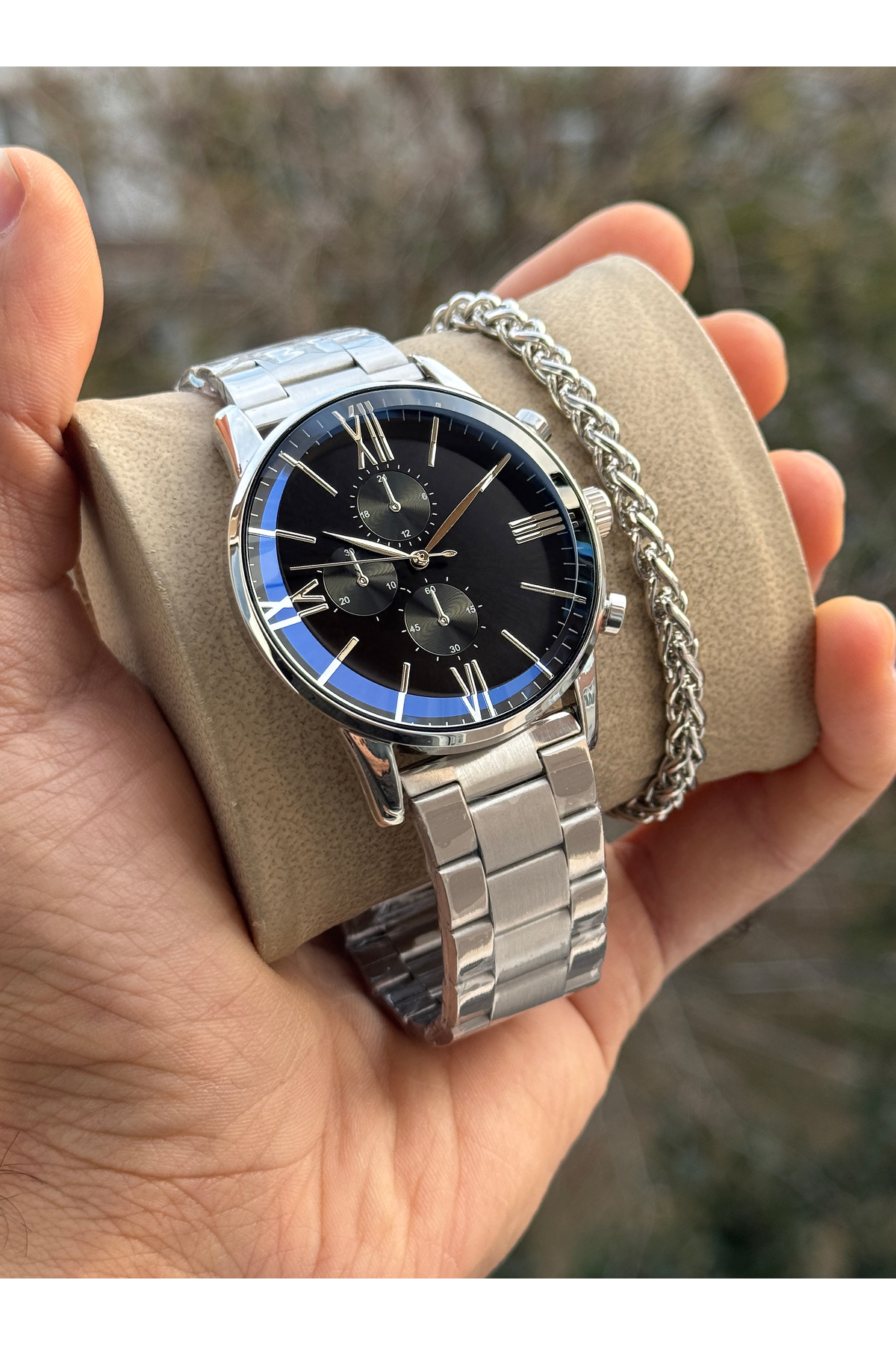 Tulpar  Bileklik Hediyeli Çelik Kordon Gümüş Renk Siyah Kadran Erkek Kol Saati - Görsel 2