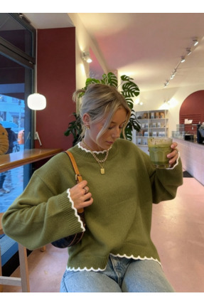 Dier Moda Kadın Dalgalı Kenar Detaylı Salaş Bisiklet Yaka Kazak - Yumuşak Dok...