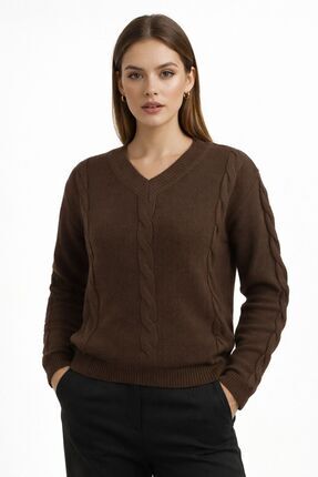 STECCA Kazak Saç örgü Triko Kazak V Yaka Uzun Kollu