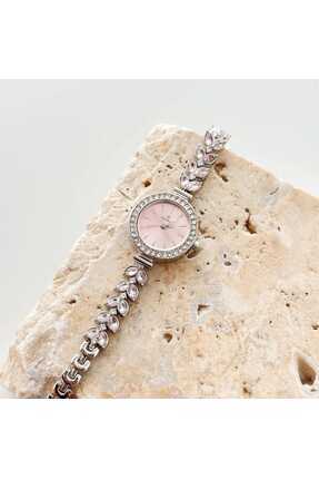 Hemiglos Taş Detaylı Gümüş Renk Toz Pembe Kadın Kol Saati