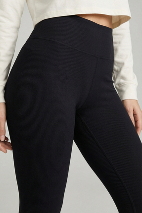 Abruzzo Fitilli Örme Kumaş Toparlayıcı Yüksek Bel Kadın Tayt - Siyah Renk