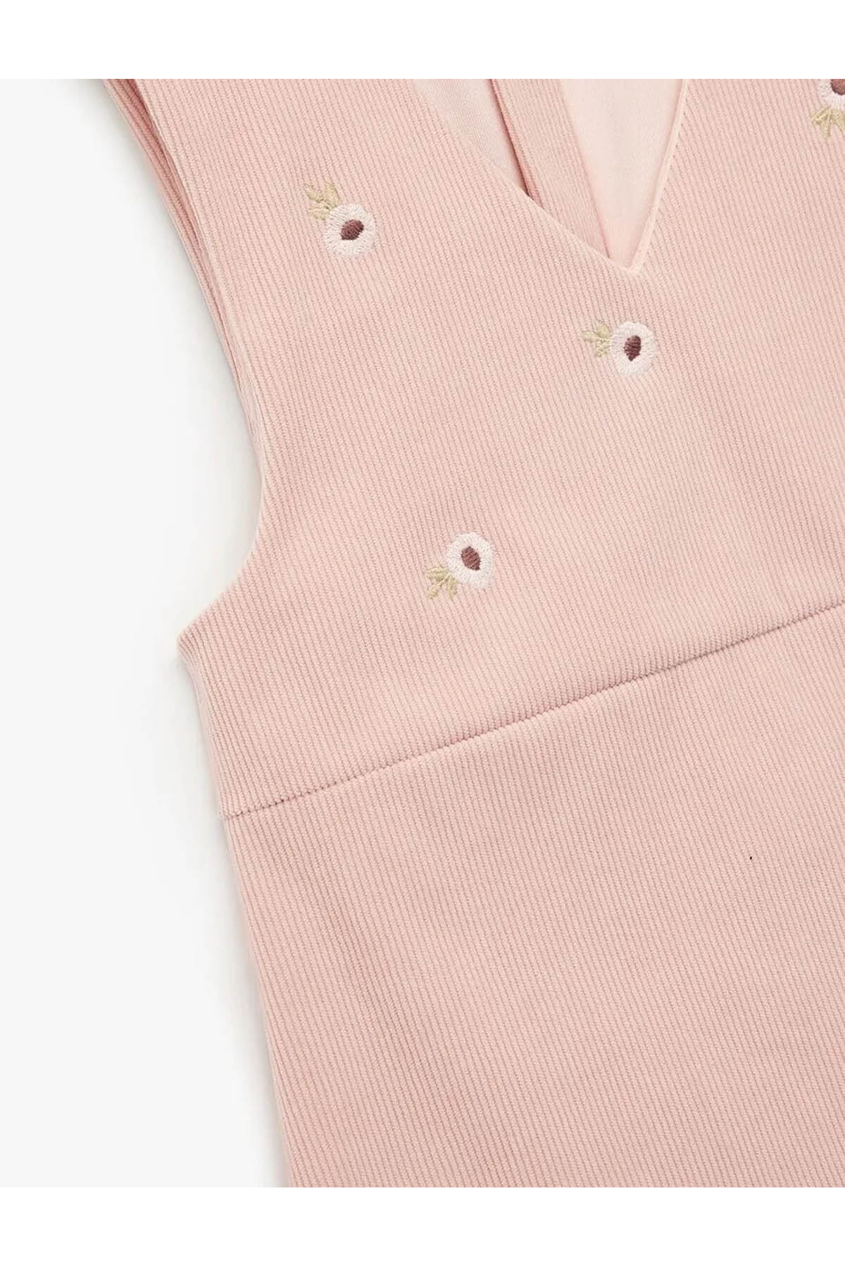 Koton Nakış Detaylı V Yaka Kolsuz Kadife Jile Pembe Kız Bebek Elbise 6WMG80023AK fotoğrafı 3 (önizleme)
