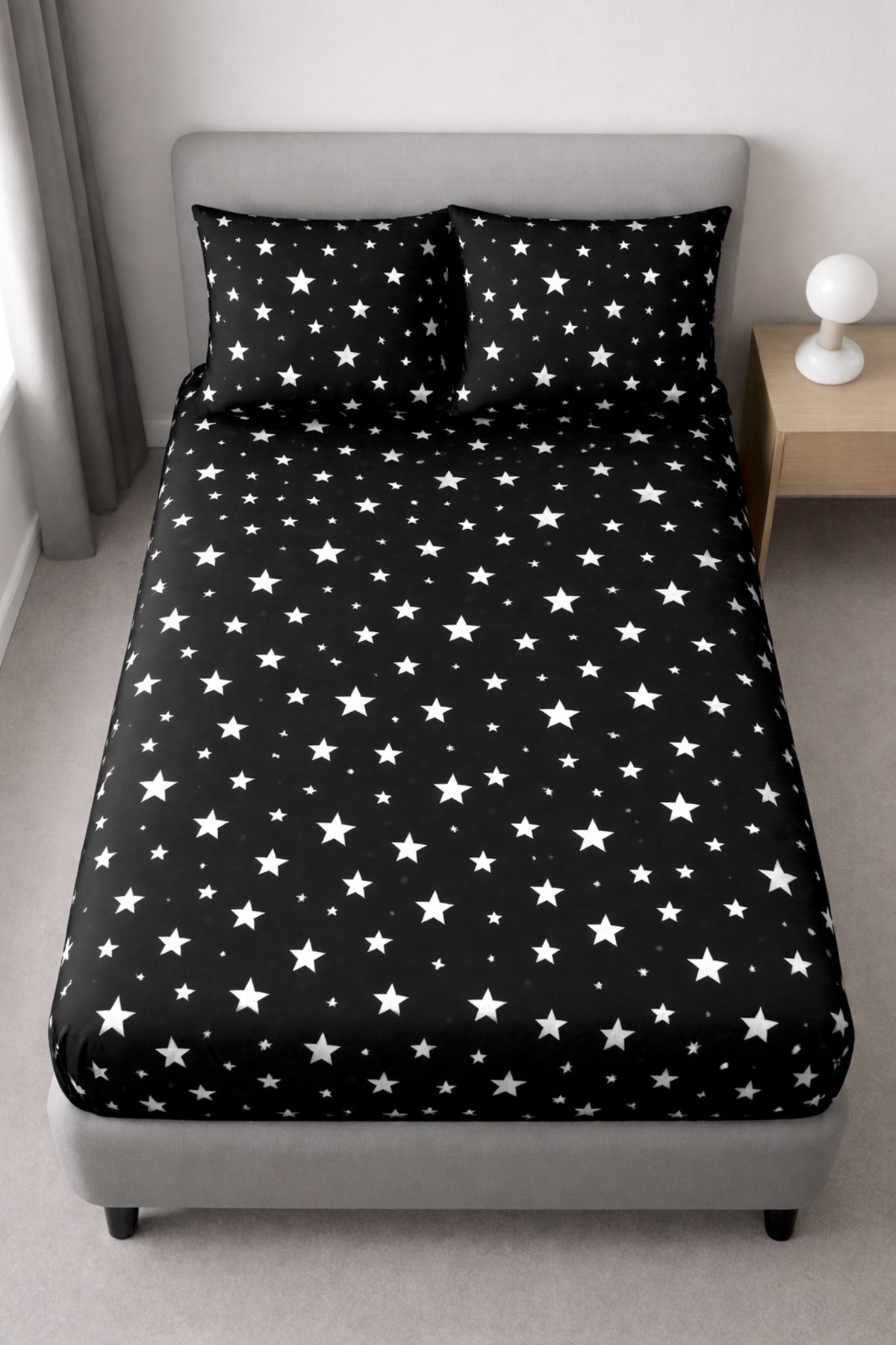 Ezgi Cearșaf elastic cu model Black Star dublu și 2 fețe de pernă cu husă