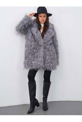 CELİORA STYLE Gri Kadın Kürk Kaban – Yumuşak Dokulu, Oversize Kışlık Kaban