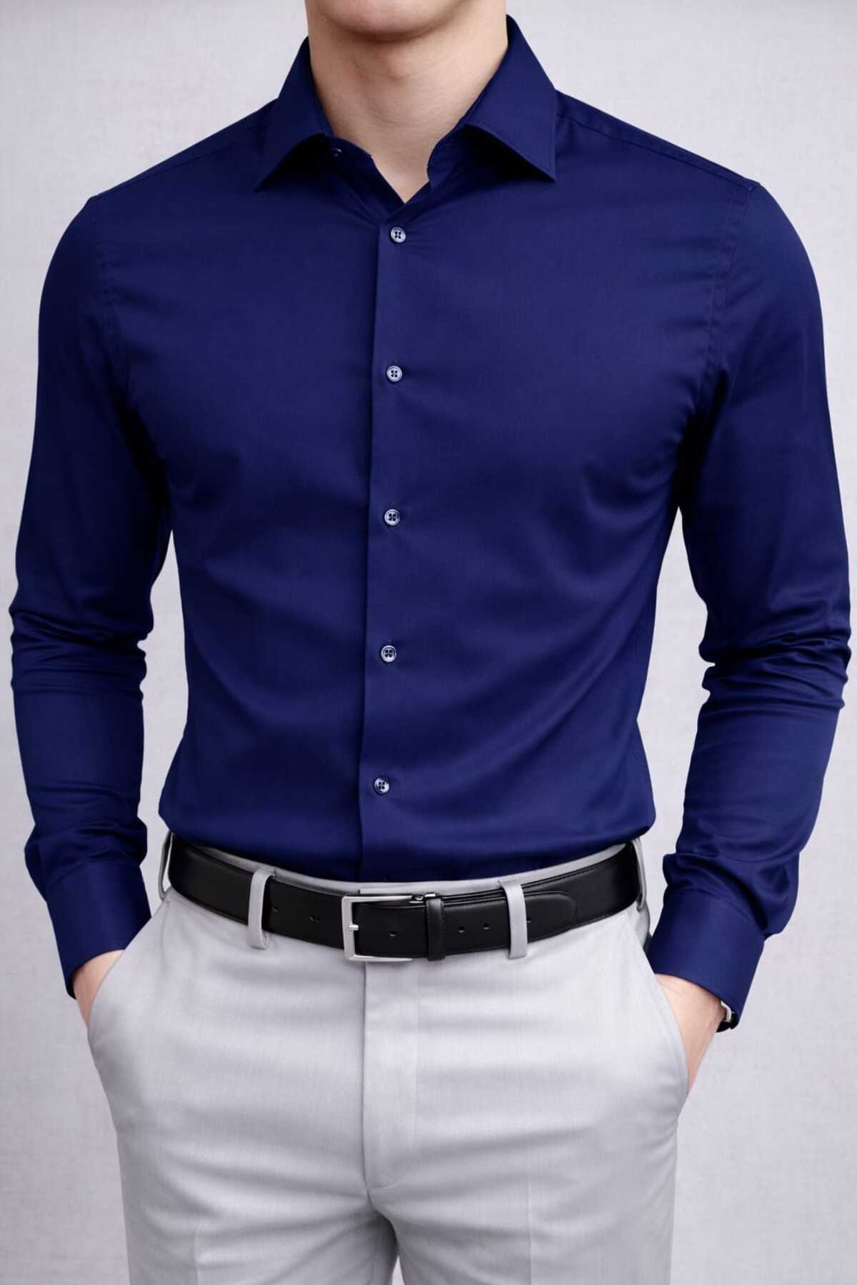 Slim Fit Dar Kesim Düz Sert Yaka Uzun Kollu Kolay Ütü Dört Mevsim LACİ ERKEK Gömlek — سرمه‌ای 1100 — تصویر 7 از 8