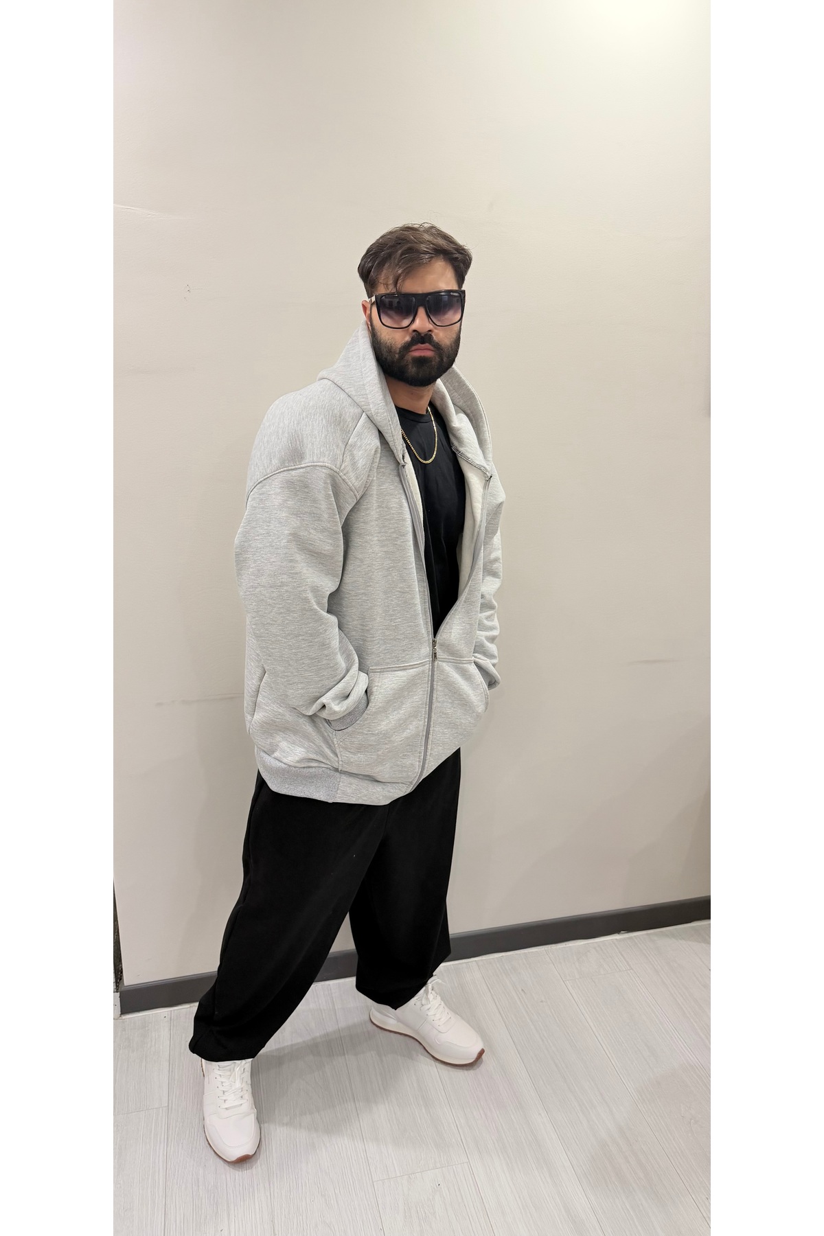 Bas Body FitnessWear Gri Rengi Battal Büyük Beden Fermuarlı Geniş Kalıp Oversize 3 İplik Şardonlu Pamuklu Kapşonlu görsel 4