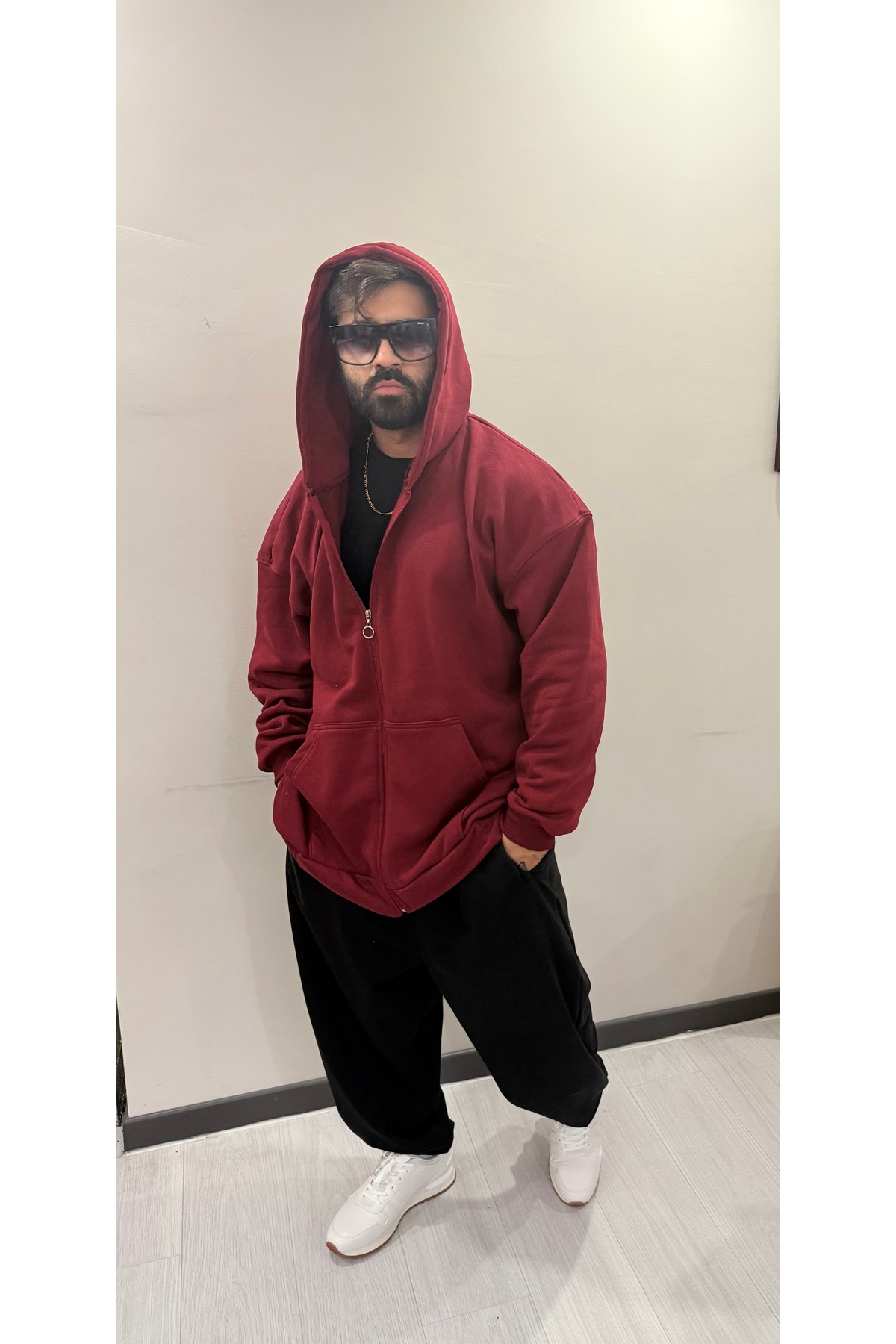 Bas Body FitnessWear Bordo Rengi Battal Büyük Beden Fermuarlı Geniş Kalıp Oversize 3 İplik Şardonlu Pamuklu Kapşonlu görsel 3