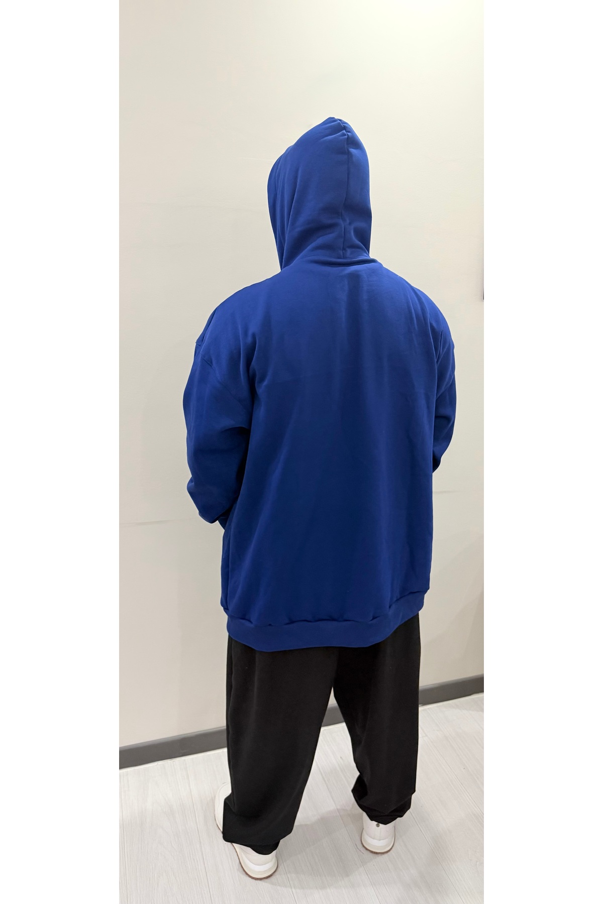 Bas Body FitnessWear Mavi Saks Rengi Battal Büyük Beden Fermuarlı Geniş Kalıp Oversize 3 İplik Şardonlu Pamuklu Kapşonlu görsel 4