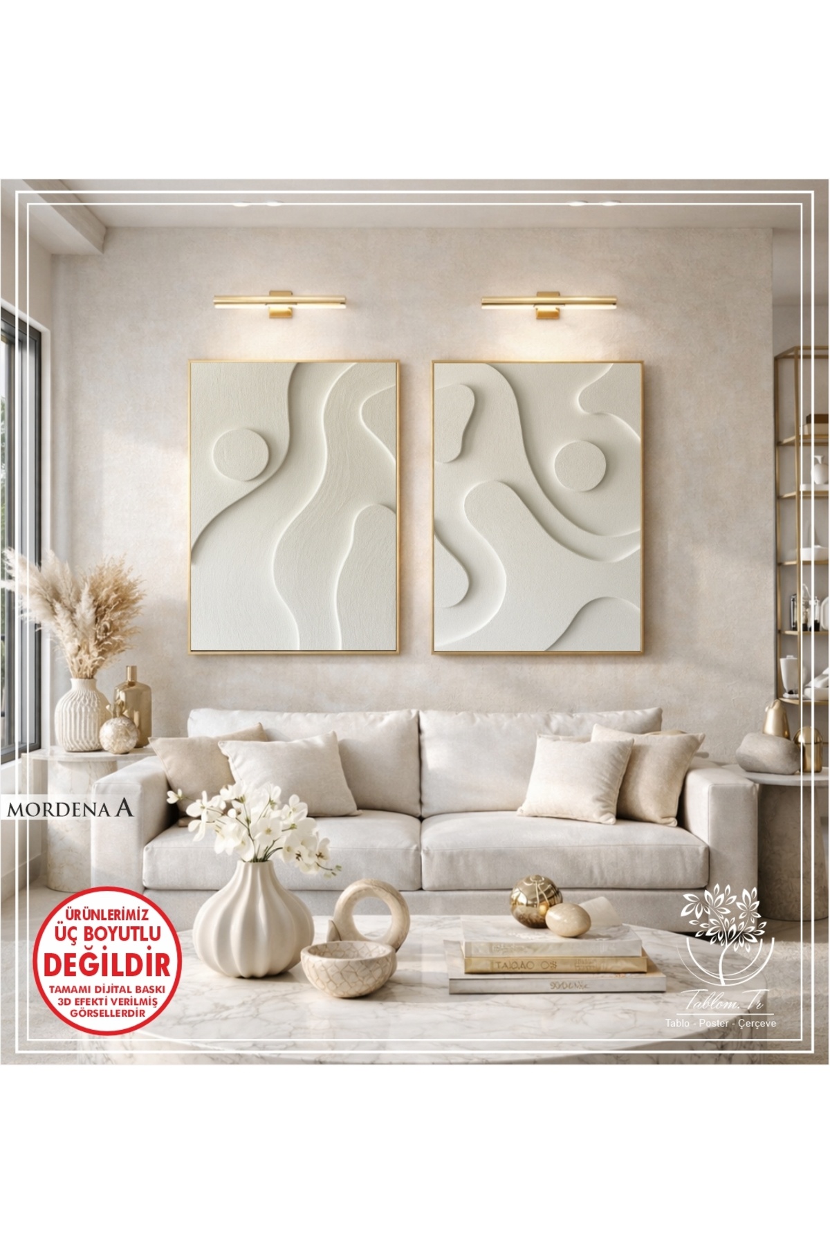 Mordena A - Double Decorative Table with Real Glass with Digital Printed Gold Metal Frame