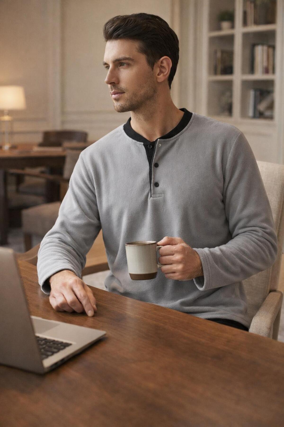 Sude HOMEWEAR  SUDE KIŞLIK GRİ POLAR YAKA DÜĞMELİ ALT CEPLİ - Görsel 4