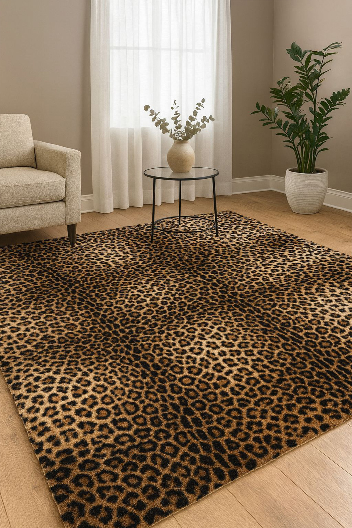 Premium Seri Bej Tavşan Tüyü Leopar Desenli Kaymaz Taban Halı Yolluk