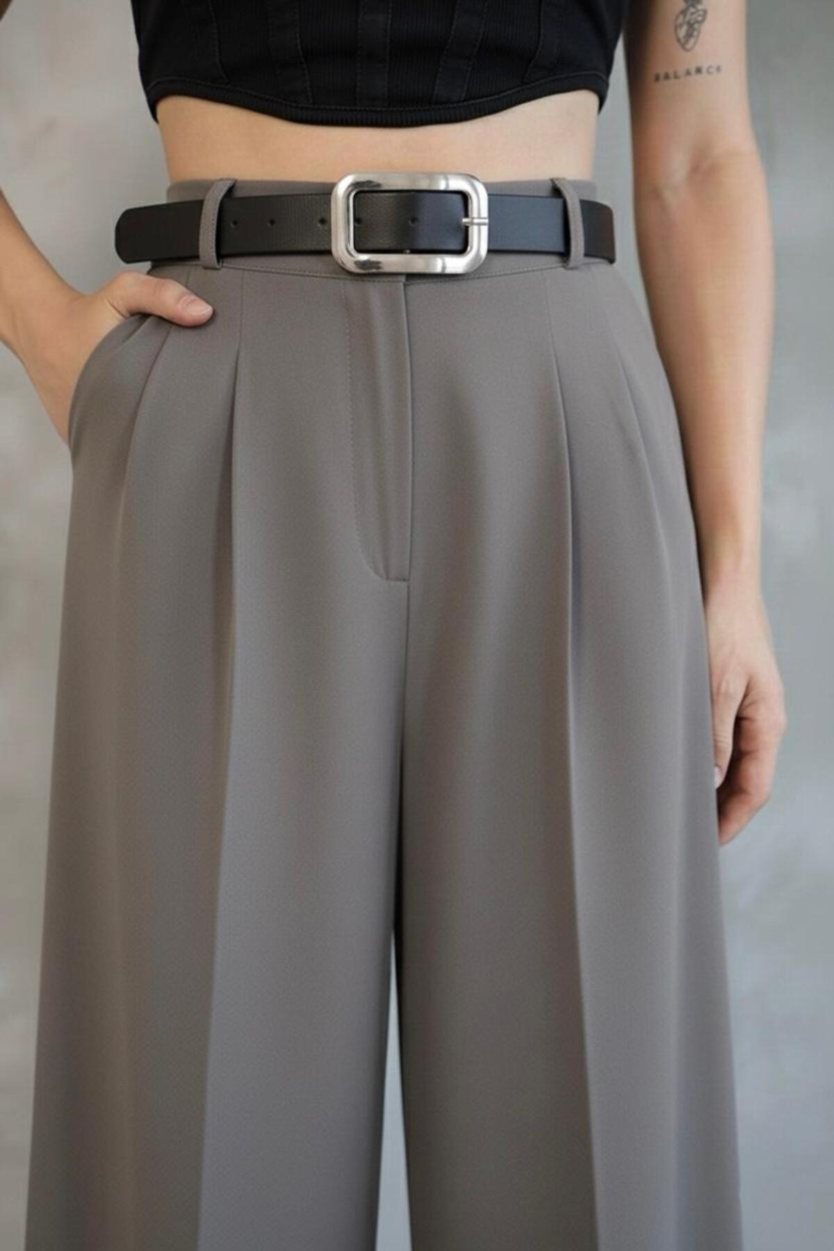 HA-KA GİYİM  Kadın Palazzo Pileli Pantolon İthal DoubleFace Kumaş Yüksek Kaliteli Ürün Yüksek Bel Kemerli - Görsel 5