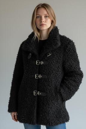 gzar Kadın Tokalı Peluş Kaban – Siyah