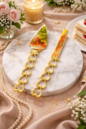 Mutfika 2li Altın Kalp Detaylı Pasta Servis Seti