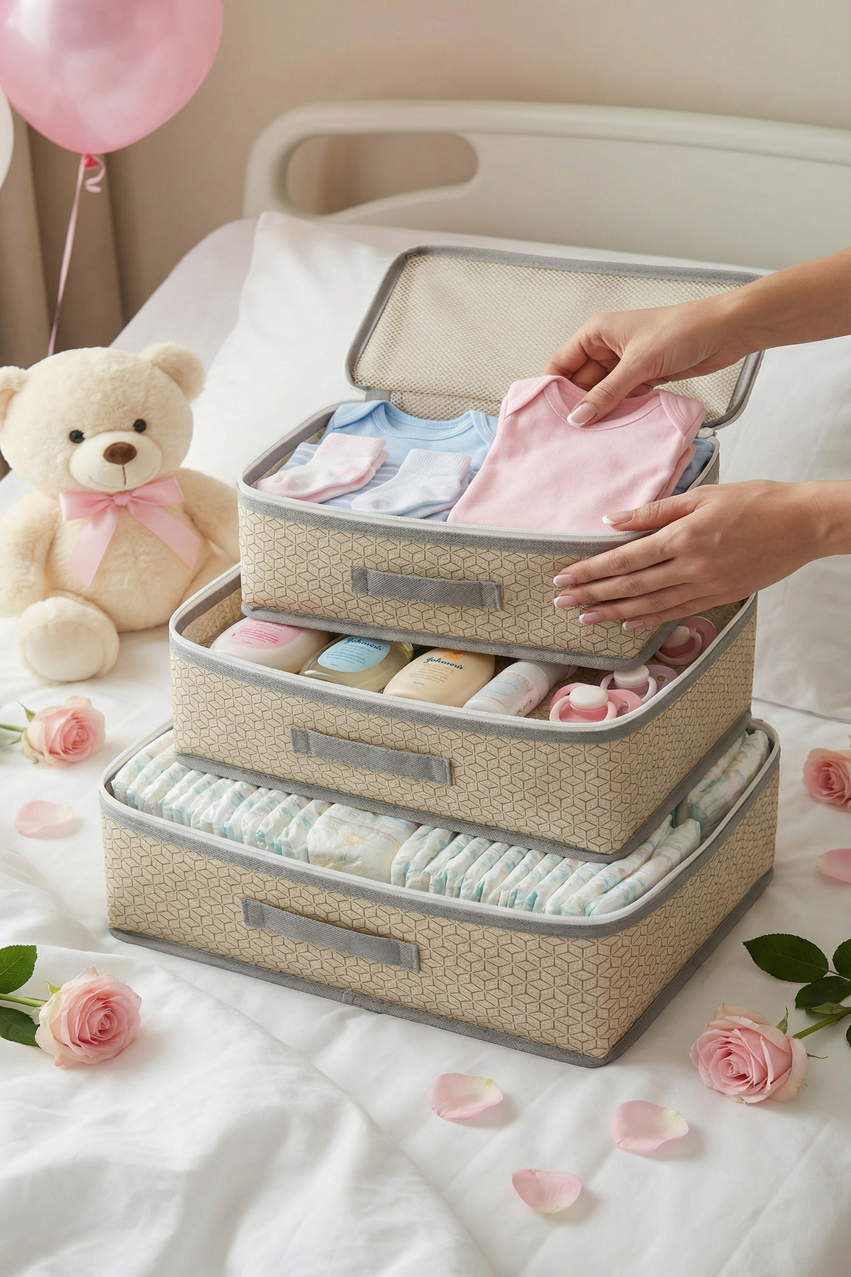 EVSELLA 6'lı Bebek Bakım Çantası Hastane Çıkış Doğum Çantası Organizer Bej Set fotoğrafı 7 (önizleme)