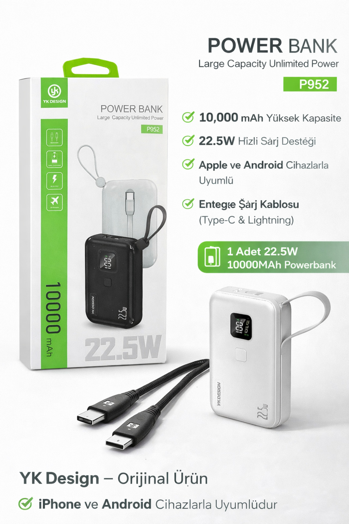 YK Design P952 10000 mAh 22.5W Hızlı Şarj Destekli Powerbank
