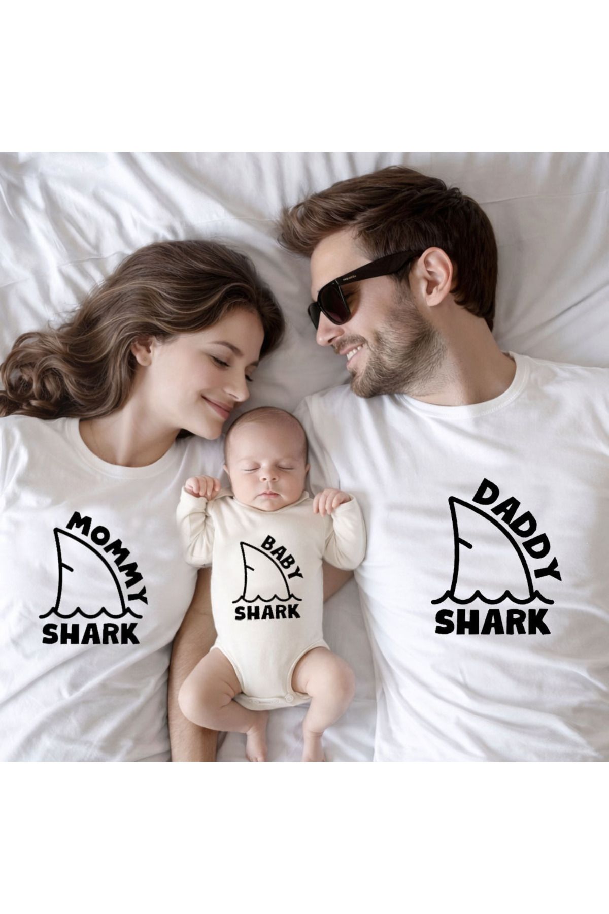 MODA Shark Mommy Daddy Baby Baskılı Baba Bebek Aile Beyaz Tişört