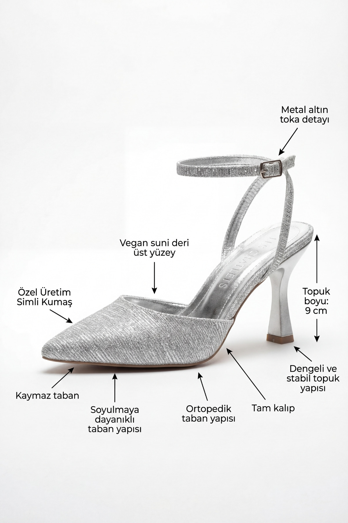 Les Chatelets  Éclat de Nuit Bilekten Bağlamalı Simli Gümüş Abiye Ayakkabı - Görsel 5