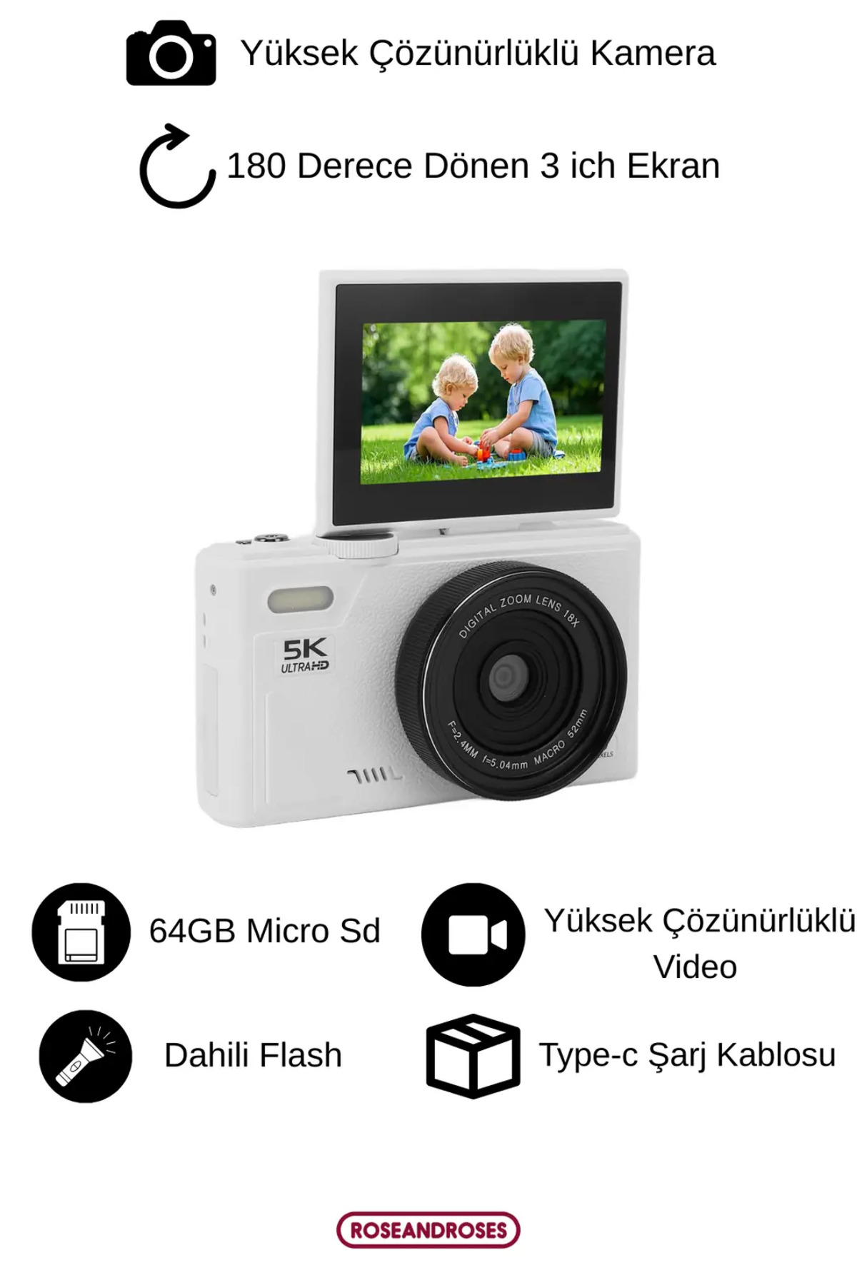 RoseandRoses 5K UHD 18x Zoom Dönen Ekran Video Foto Vlog Kamera