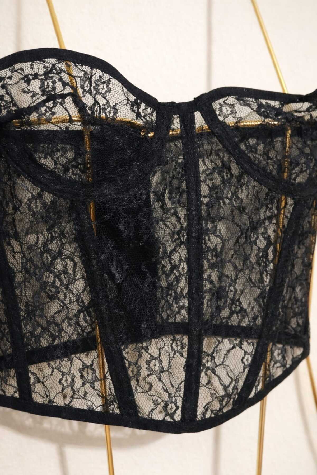 ZARVIA  SİYAH BÜSTİYER DANTELLİ ÇİÇEK DESENLİ - Görsel 5