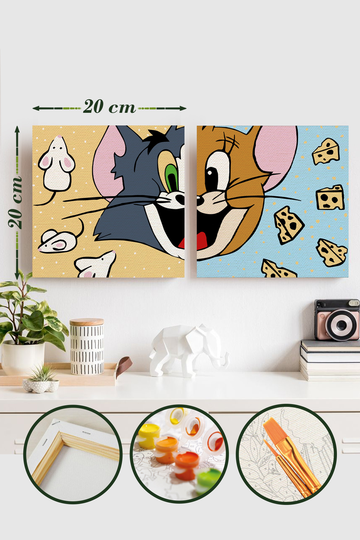 Sayılarla Boyama 20x20 Cm İkili Tuval Seti Fırça Boya Dahil - Kedi ve Fare (Sevgiliye Hediye)