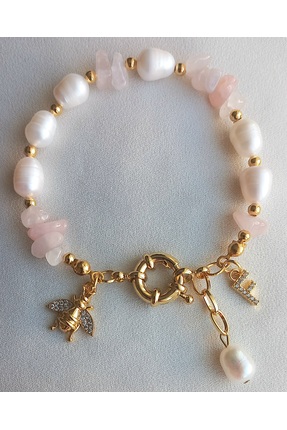 BNG AKSESUAR Gerçek İnci Pembe Kuvars Charm Altın Takılabilen Harfli Gold Bil...