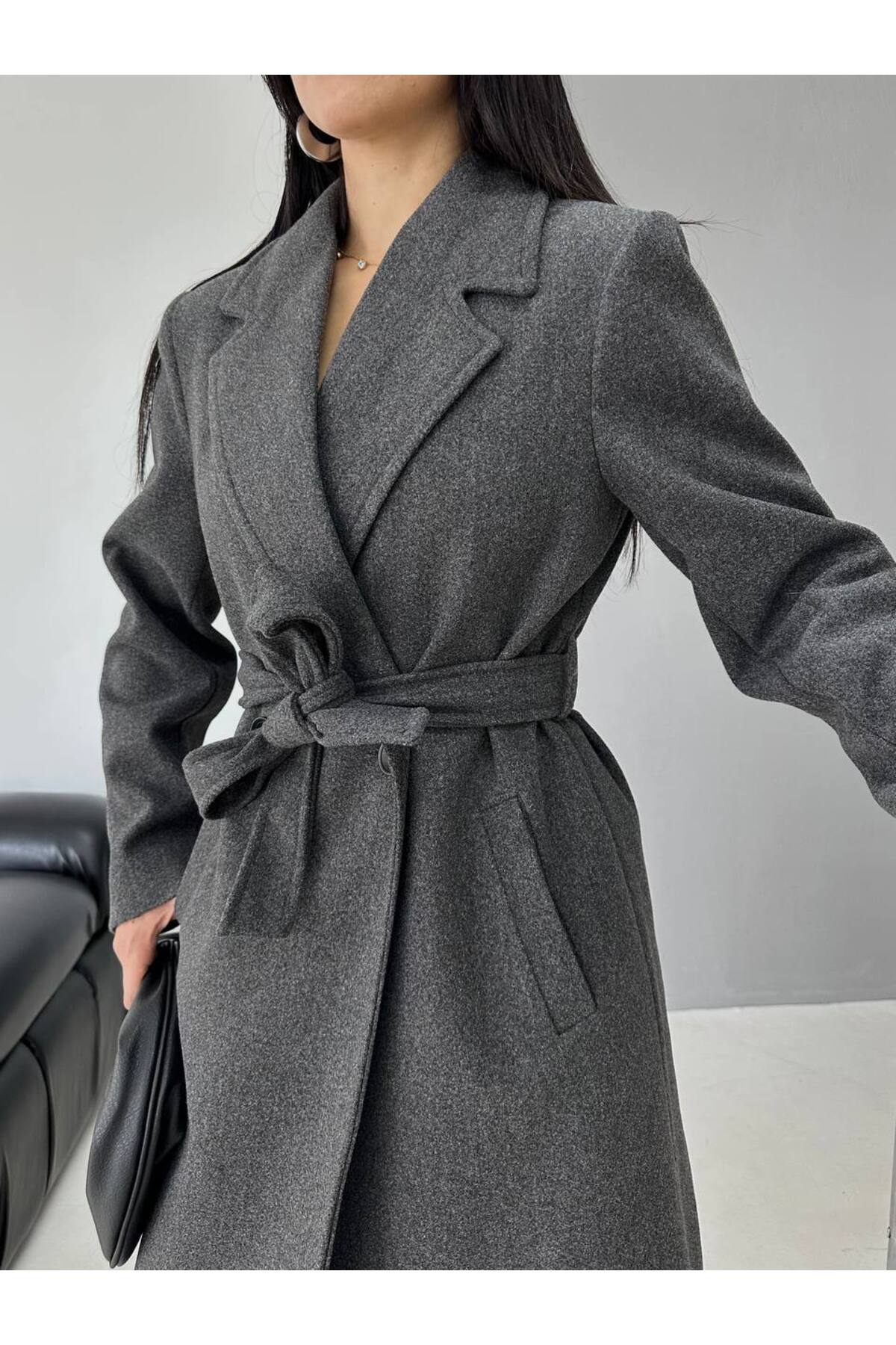 Jaglion  Bordo Kuşaklı Astarlı Premium Relaxed fit Kadın Kaşe Kaban Mont