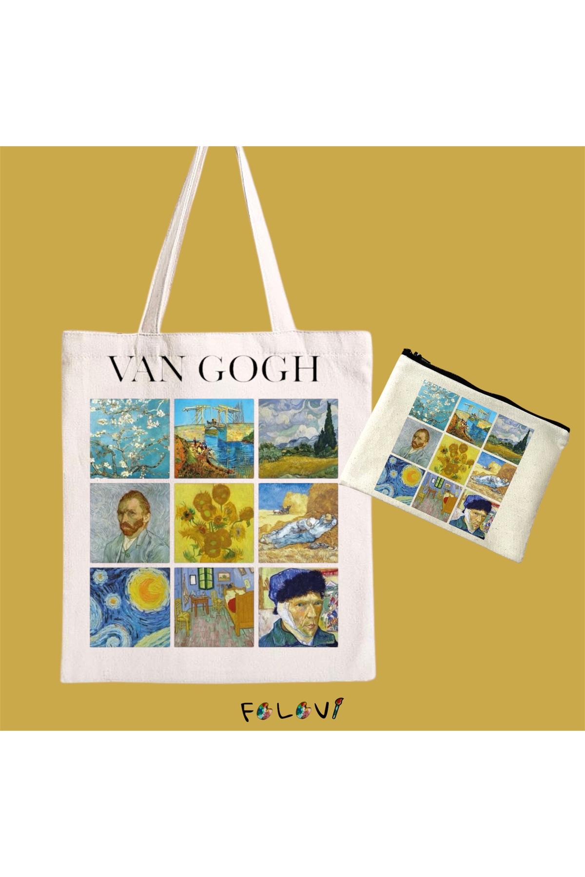 FALAVİ  Van Gogh Bez Çanta El Çantası Kalemlik Set