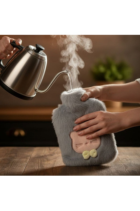 CT STONES Papyonlu Kedi Figürlü Mavi Peluş Sıcak Su Torbası 1 Litre