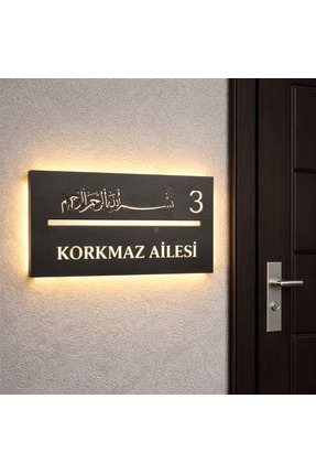 metora SİYAH renk 3 kademe LED'li BESMELE Kapı İsimliği –4 MM MDF Kişiye Özel