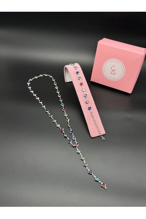 Alsem 925 Gümüş Kaplama Renkli Kalp Y Kolye ve Bileklik Seti , Sevgililer Gün...