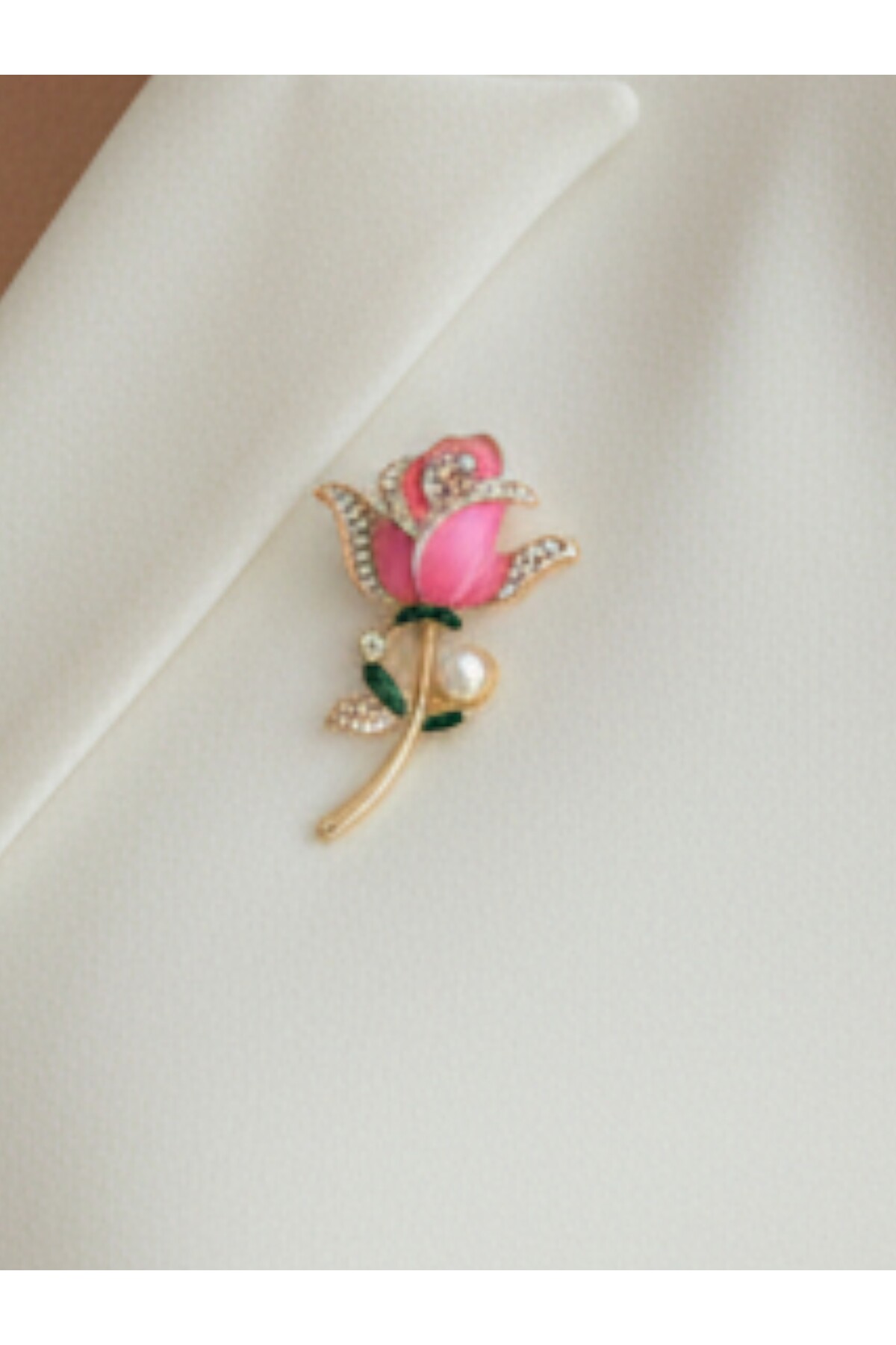 Pearl and Stone Detailed Handcrafted Pink Rose Brooch