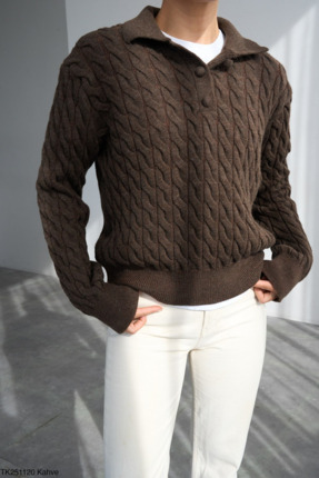 Kardelen Butik Store Kadın Polo Yaka Saç Örgülü Kazak Kahverengi