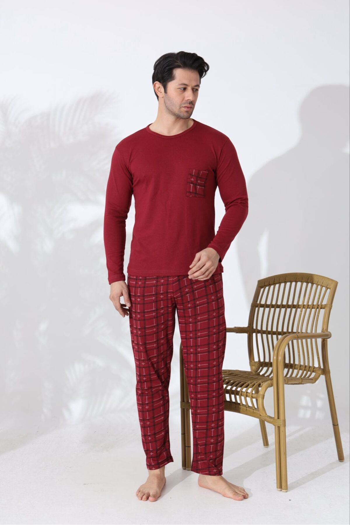 Huq Moda Erkek Pijama Takımı Uzun Kollu Üst Cepli Bordo Ekose Alt Pamuklu Rahat Ev Giyimi görsel 5