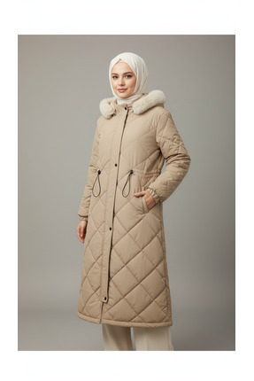 PALMİYE GİYİM Kadın Nova Kumaş Belden Ayarlanabilen Kapüşonlu Mont-Bej