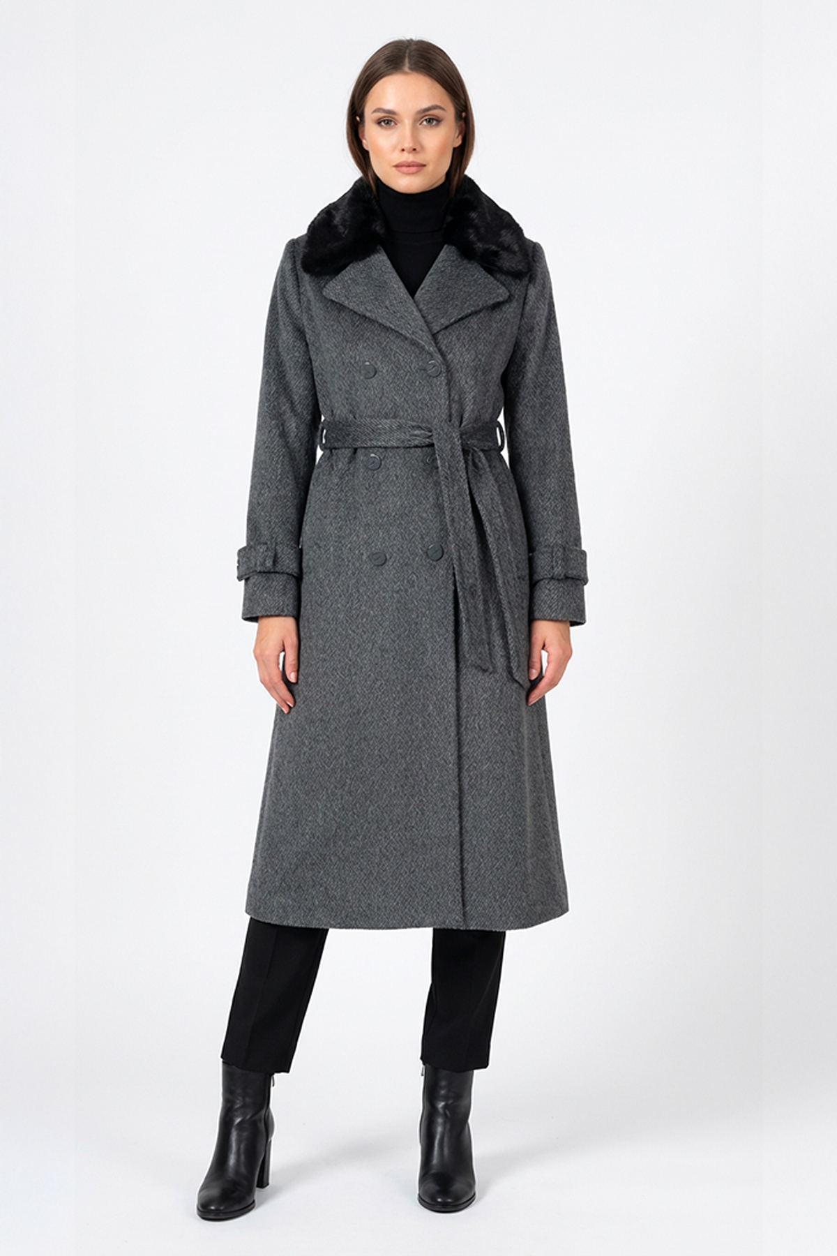 Anthracite Removable Fur Wrap Collar Casual Fit Alpaca Touche Long Coat with Belt 2540